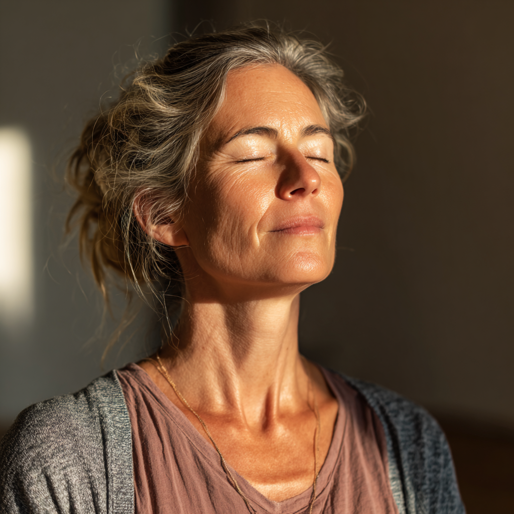 50 years old woman in meditation pose with eyes closed, surrounded by natural light
