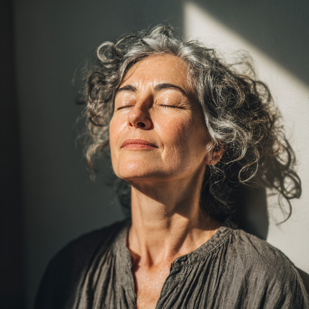 51 years old woman in meditation pose with eyes closed, surrounded by natural light