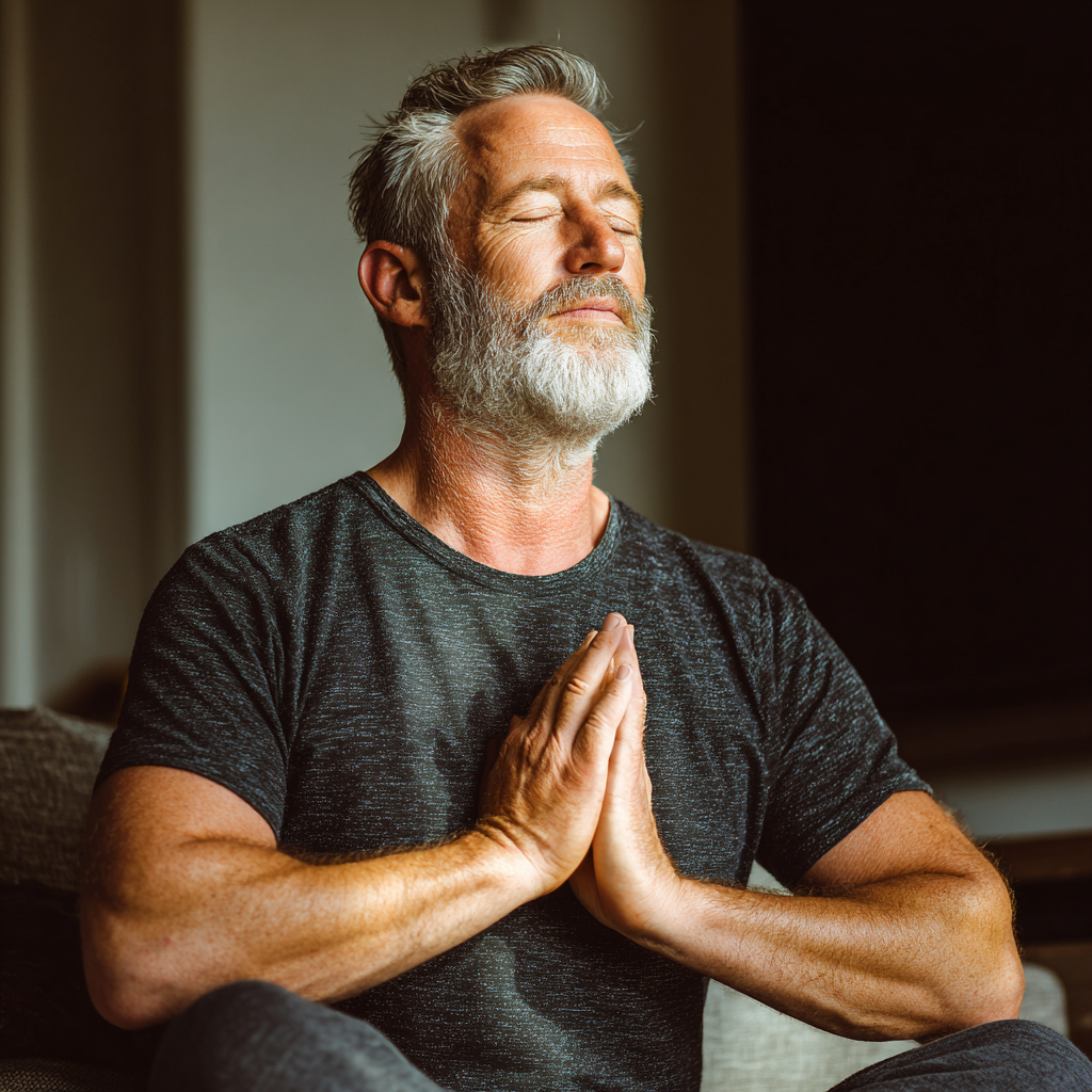 Peaceful 52 years old adult practicing breathing exercises with focused concentration