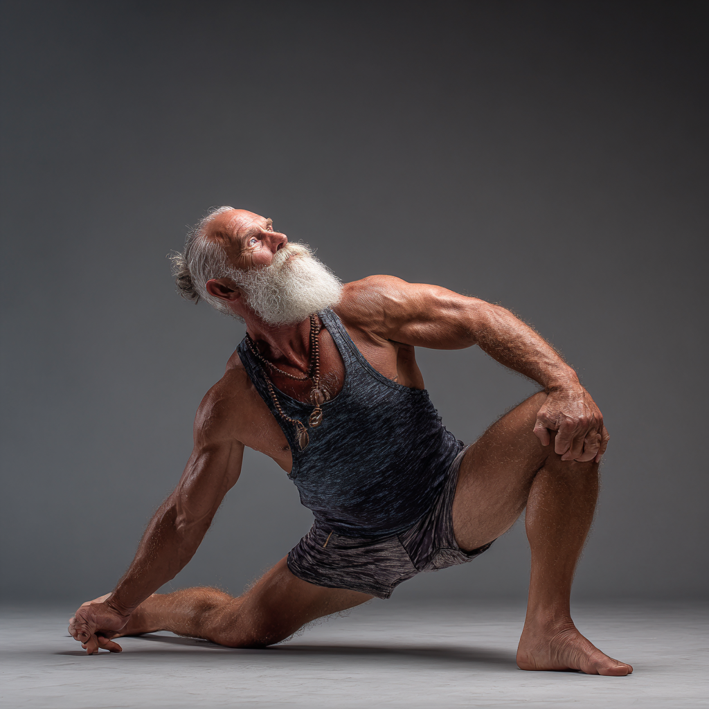 Relaxed 54 years old man demonstrating flexibility and strength gained through yoga