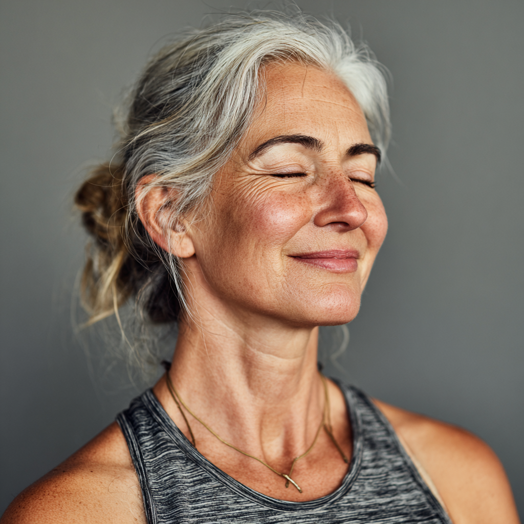 Smiling 53 years old woman with peaceful expression after yoga practice